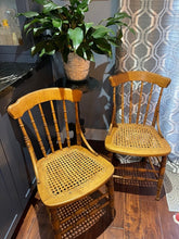 Load image into Gallery viewer, Antique Tiger Maple Cane Seat Spindle Back Side Chairs (Set of 2)