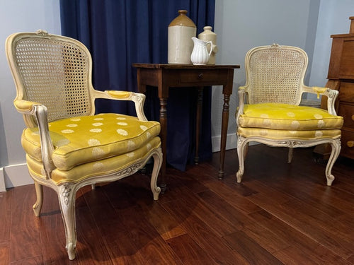 Pair French Louis XV Style Cane Back Fauteuils / Arm Chairs (Vintage Set of 2)