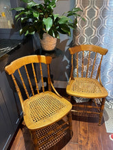 Load image into Gallery viewer, Antique Tiger Maple Cane Seat Spindle Back Side Chairs (Set of 2)
