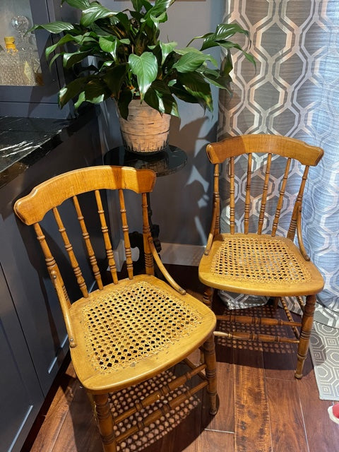 Antique Tiger Maple Cane Seat Spindle Back Side Chairs (Set of 2)